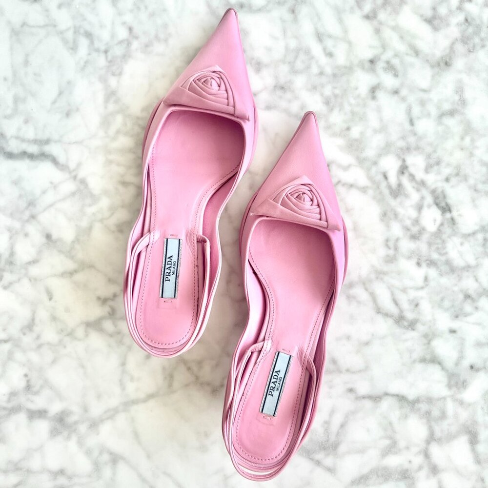 Prada Pink Kitten Heels Canvas Pleated Accents Slingback Pumps Size 6.5